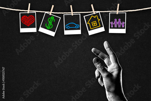 Hand in Black and White Choosing Between Different Life Values as Family vs Career on Textured Paper Background, Copy Space photo