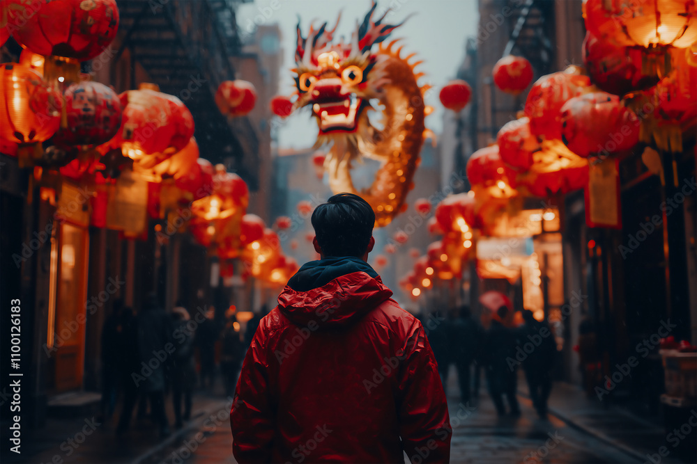 Obraz premium A man looks at a glowing Chinese dragon over a festive night street in the city