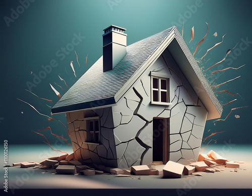Exploding miniature house showing property insurance, earthquake damage, and demolition concepts