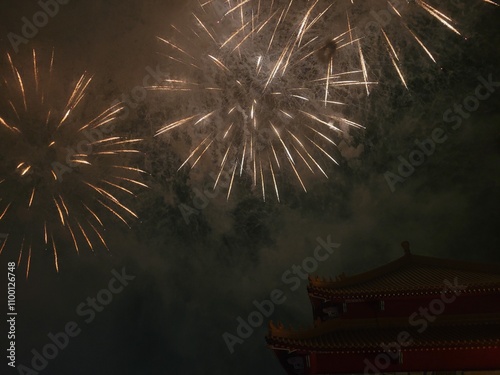 The fireworks display at Tainan’s Luermen Mazu Temple is a dazzling spectacle of light and color that illuminates the night sky. photo