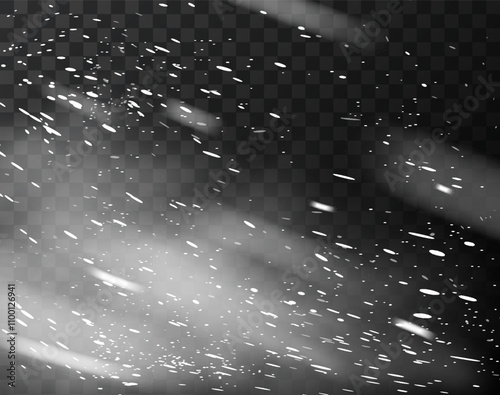 Snow falling with fog, smoke or cloud overlay effect on transparent background, vector white snowfall, snowy blizzard