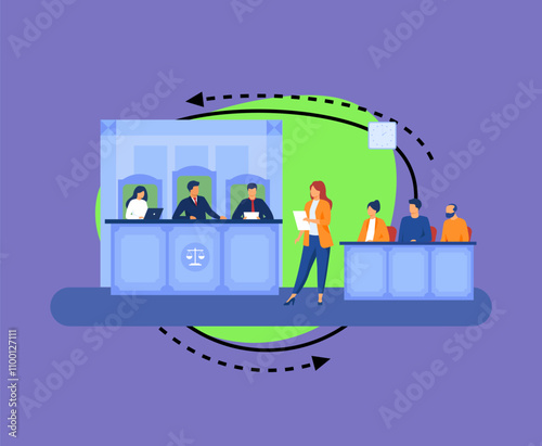Attorney pleading in court. Lawyer woman speaking in courtroom, reading from notes, addressing judge and jury box. Vector illustration for courthouse, trial, law, judgment, justice concept