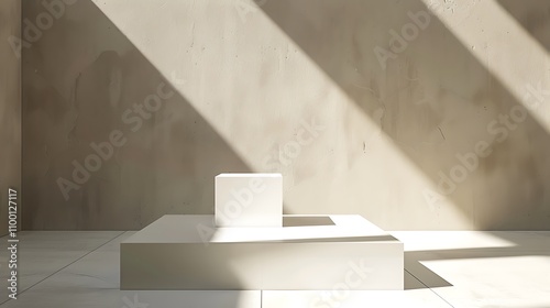 A minimalist interior scene featuring geometric shapes and natural light casting shadows.