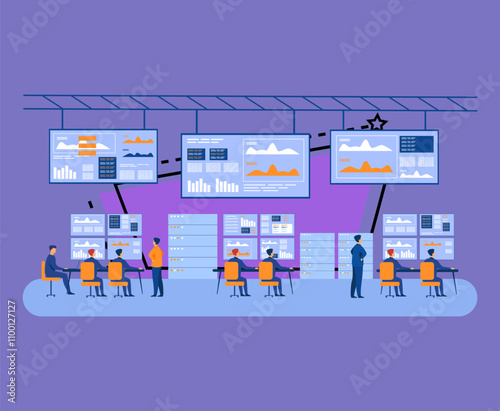 Big data control center. Stock market brokers analyzing financial graphs on screens. Data security engineers using computers and diagrams. For trading, technical department, cybersecurity topics