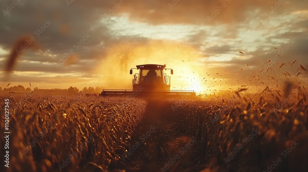 Fototapeta premium Combine Harvester Harvesting Wheat Field At Sunset