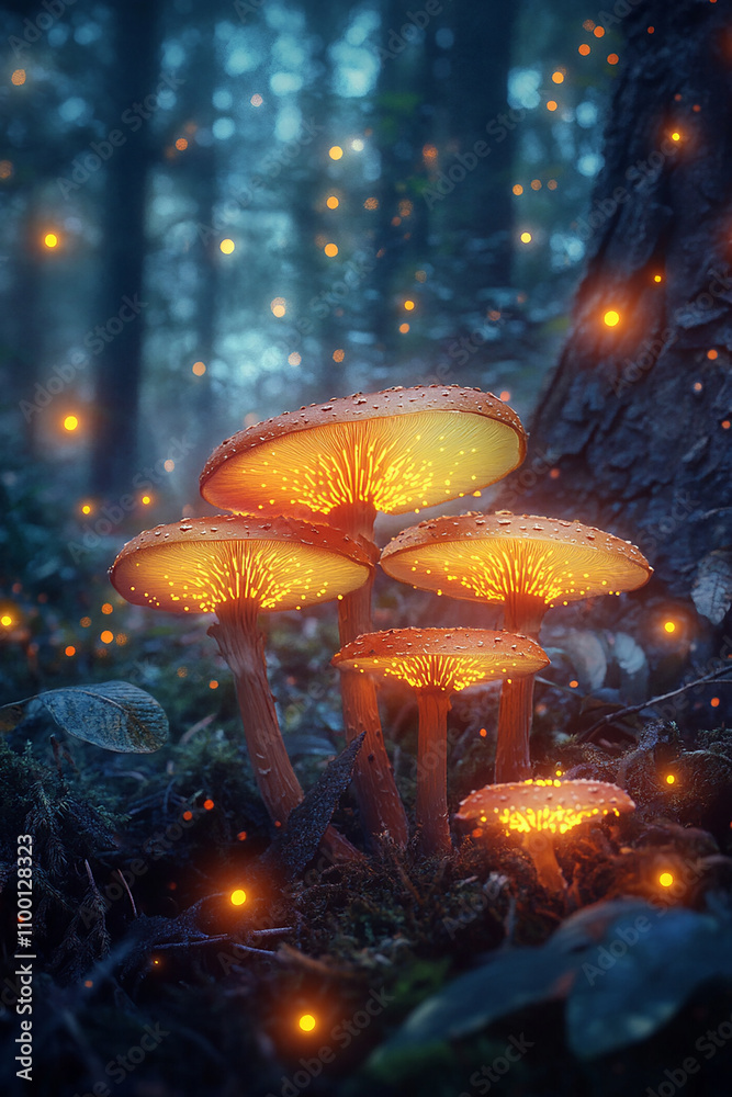 Naklejka premium Lighting and glowing mushrooms in jungle generated.AI