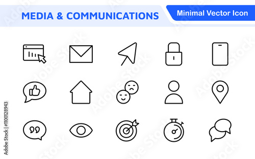 Media Icon Set. A sleek and modern collection of icons designed for the media industry, perfect for enhancing news platforms, entertainment apps, and digital marketing materials.