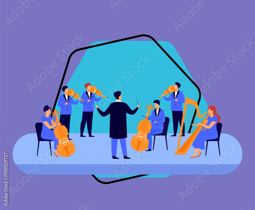 Conductor and musicians playing on violin, harp and cello isolated flat vector illustration. Cartoon symphony orchestra on stage. Classical music and entertainment concept