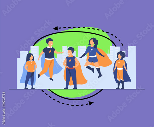 Children playing superhero characters. Cheerful kids wearing super hero costumes with cape, standing, jumping and flying with city scape in background. For comic book, entertainment, game concept