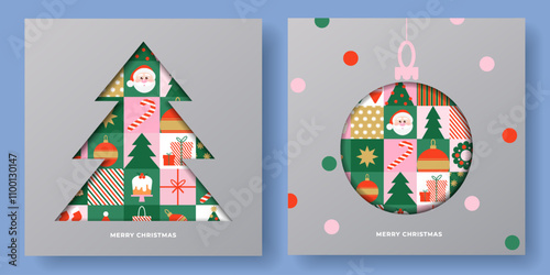 Set of Merry Christmas greeting cards, banners, covers in modern geometric style with cut paper effect  for season greetings, ads, print. Trendy Xmas layout design template