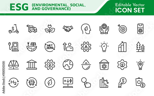 ESG flat line icon set. Outline icon collection related to ecology, environment social governance, risk management, sustainable developmen and more.