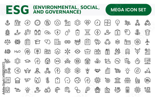 ESG flat line icon set. Outline icon collection related to ecology, environment social governance, risk management, sustainable developmen and more.