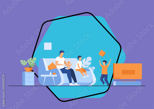 Family and parenthood concept. Cartoon father feeding youngest son at TV in living room, while other boys playing games together. Vector illustration for single dad, children care topics