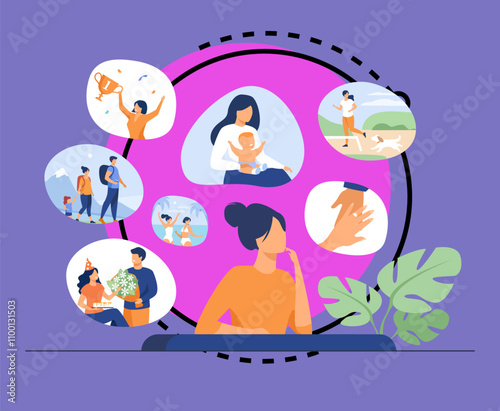 Happy life memories concept. Woman thinking over positive important moments of life experience, child birth, engagement, vacation. Vector illustration for past, personality, achievement topics