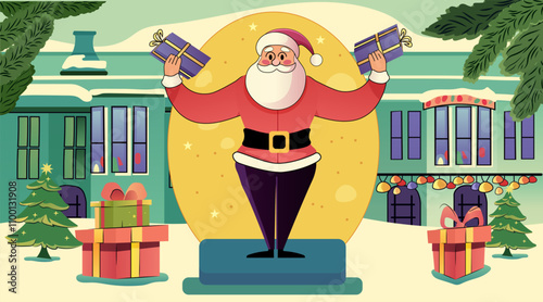 Santa Claus holding gifts festive holiday scene with Christmas trees presents decorated house snowy landscape bright colors cheerful theme
