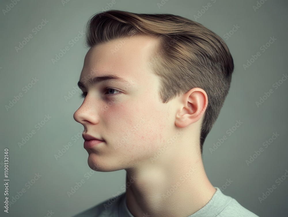 Naklejka premium Stylish Young Man Profile: A Close-Up Portrait Showing a Clean Cut Hairstyle and Youthful Features