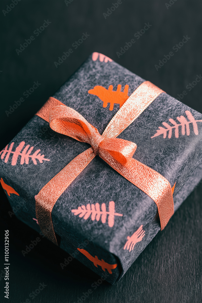 Fototapeta premium Dark Gray Gift Box with Coral Ribbon