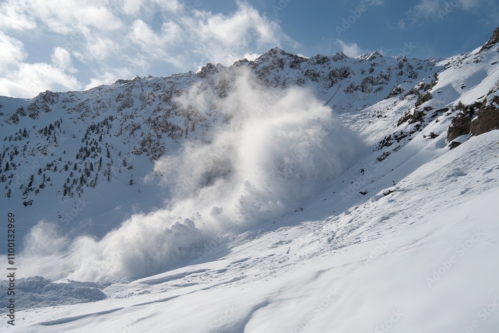 Fototapeta premium Avalanche cascading down the mountain slope during winter in a remote alpine region