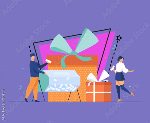Lottery winners with raffle drum and gift boxes. Lucky people with tickets winning prizes and celebrating. Can be used for luck, fortune, random prize draw concepts
