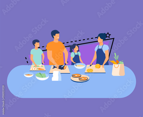 Mother and father with kids cooking dishes at kitchen isolated flat vector illustration. Cartoon happy family preparing food together. Meal and nutrition concept