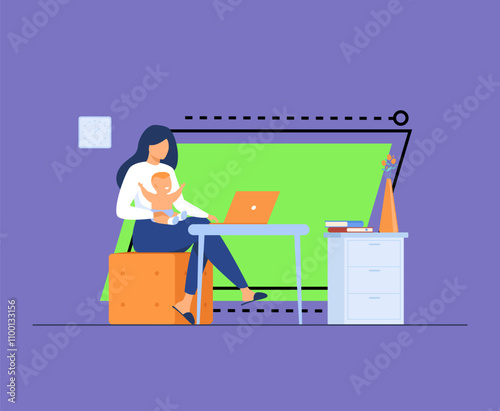 New mom working at home. Working mother holding baby in arms, using computer at her workplace. Can be used for freelance worker with kid, maternity, motherhood, online job concept