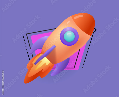 Orange or red flying rocket ship with fire or flame. Spaceship launch 3D vector illustration on purple background. Space, science, traveling, business or start-up concept