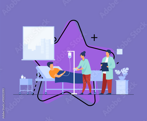 Patient lying in bed during intensive therapy isolated flat vector illustration. Cartoon doctor with clipboard and nurse with dropper. Hospital room, therapy and healthcare concept