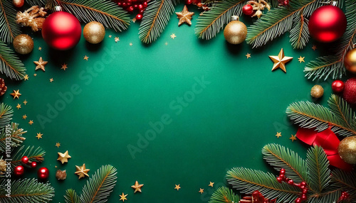 Green Christmas background with fir branches and decorations