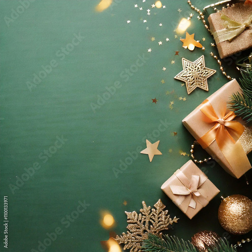 Green Christmas background with fir branches and decorations