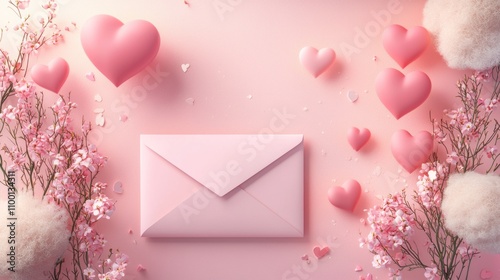 Happy Valentine's Day pastel background with red and pink hearts, and with a pink envelope, banner, poster, or flyer.