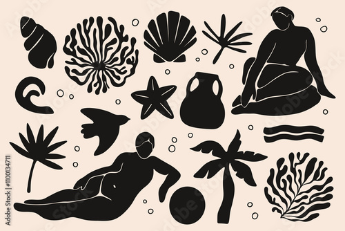 Abstract woman figure art. Modern female silhouette minimalist contemporary Matisse inspired style, organic woman body floral sea shapes mid century vintage design. Vector isolated set