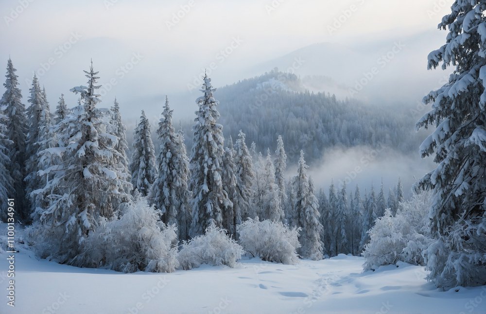 Obraz premium winter forest in the mountains panorama wide