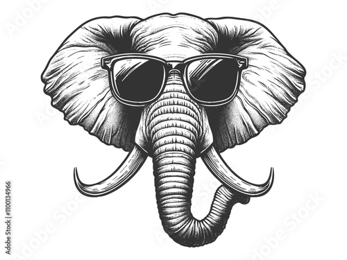 elephant in sunglasses, blending sophistication and humor sketch engraving generative ai vector illustration. Scratch board imitation. Black and white image.