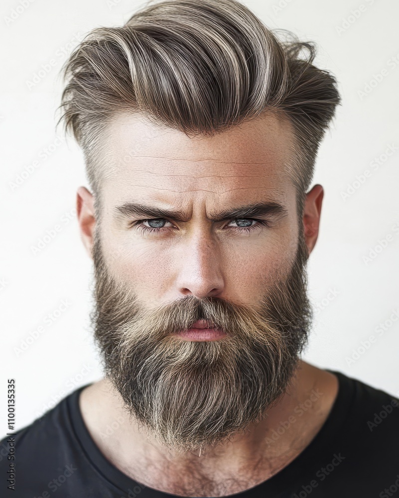 Obraz premium Portrait of a Man with a Strikingly Long Grey Beard and Stylish Hairdo. Close-up Studio Shot Showing Facial Hair Detail and Texture. Male Fashion and Grooming.