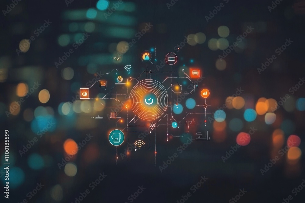 Obraz premium Futuristic digital network interface with glowing icons and bokeh city lights background.