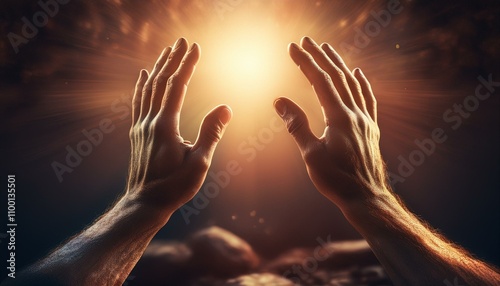 Hands of Jesus resurrected from the tomb and clear background photo