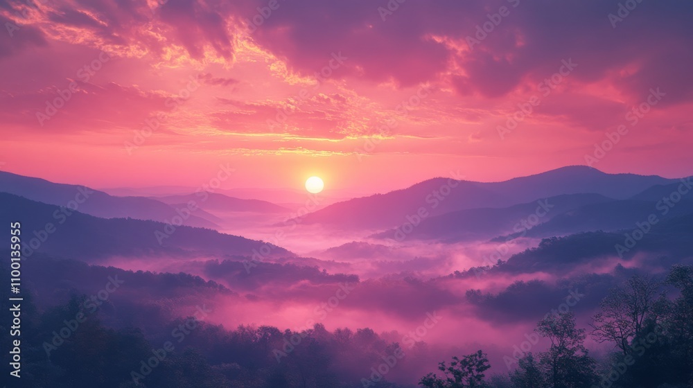 Obraz premium Pink Sunrise Over Misty Mountain Ranges