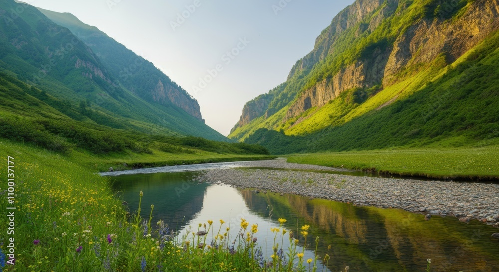 Fototapeta premium Serene Mountain River Valley Landscape Scenic Summer Nature