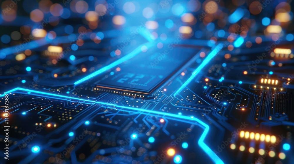 Obraz premium A close-up view of a circuit board with glowing connections and components.
