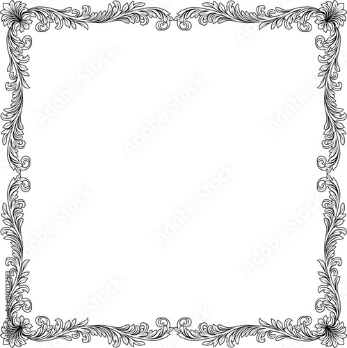 A filigree heraldic crest motif floral pattern border frame. Original design in a vintage style.