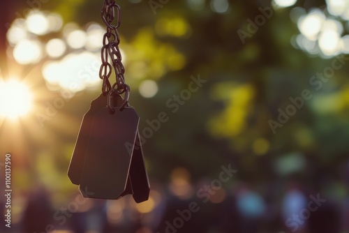 A group of military dog tags hanging from chains, illuminated by warm sunlight, with a blurred outdoor memorial event in the background.