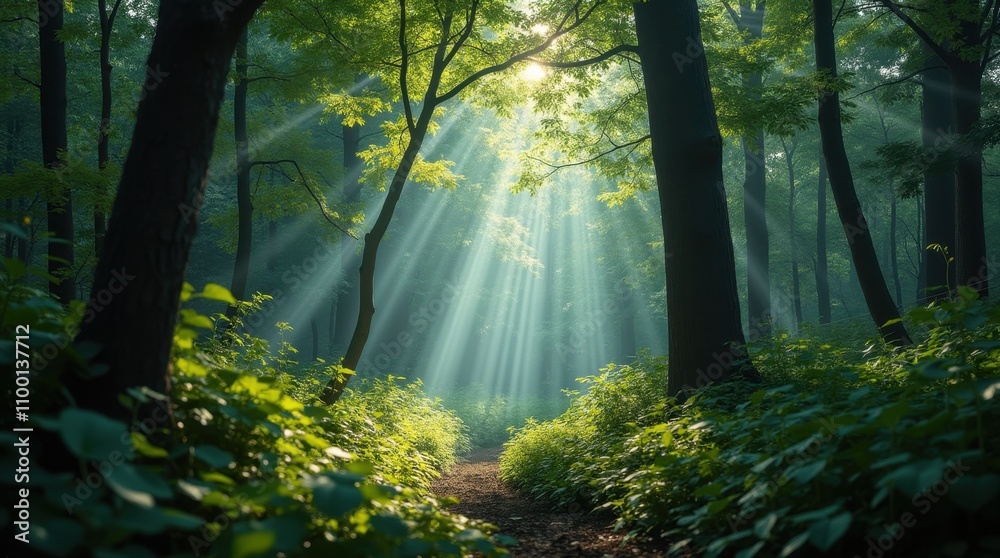 Obraz premium Sunbeams Filtering Through a Lush Forest