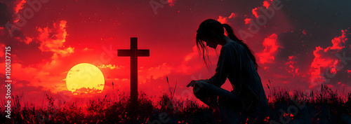 A beautiful illustration depicting Jesus on the cross, kneeling in prayer with his head bowed and eyes closed as he prays to God. In front of him is an empty tomb at sunset, symbolizing faith, sacrifi photo