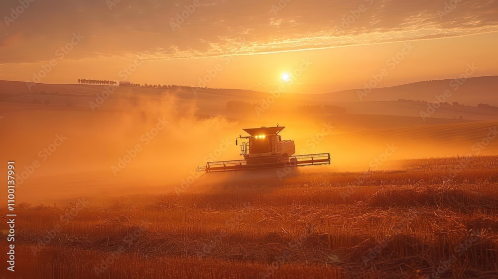 Fototapeta premium A combine harvester operates in a golden field at sunrise, creating a misty, serene atmosphere.