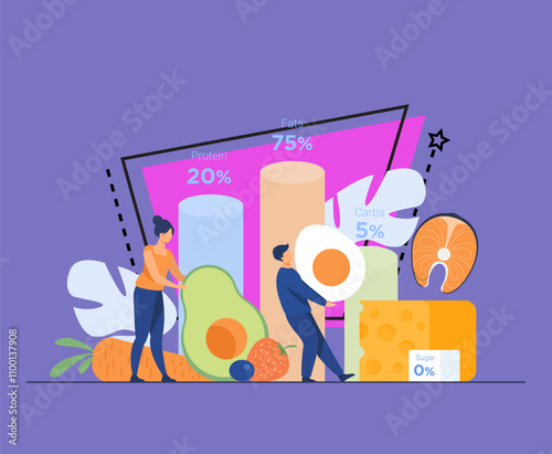 Tiny people choosing food for ketogenic diet isolated flat vector illustration. Cartoon character fasting with keto. Nutrition and healthy dietology concept