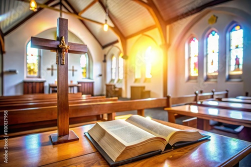 The interior of a Protestant church features simple decor, a wooden cross, an open Bible on the altar, and a peaceful atmosphere reflecting spiritual serenity.