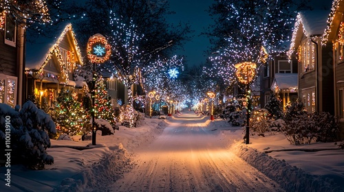 Bright Christmas Light Displays on Snowy Homes