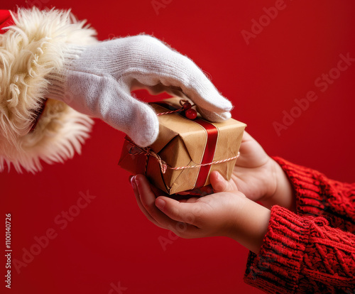 Close-up of Santa's hands giving a gift to a child's hands, on a red background	