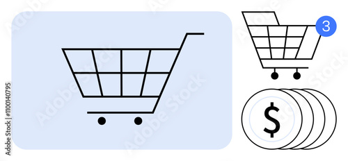 Shopping cart with notification indicating three items. Coin symbols with dollar signs nearby. Ideal for e-commerce, online shopping, transaction processing, retail business, sales analytics, digital