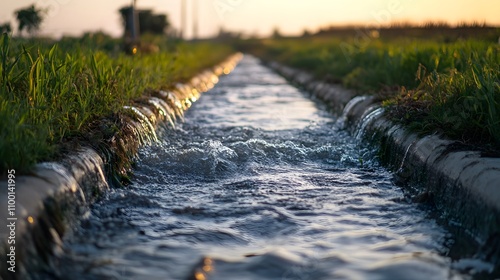 Water being diverted through an irrigation system, symbolizing humanity s ability to channel water s energy for growth, water irrigation, agricultural water power photo